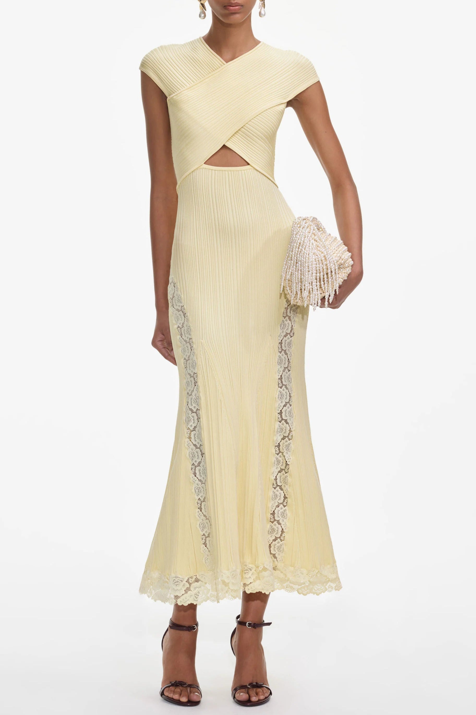 Flowering Girl Women Yellow Knit Lace Insert Midi Dress