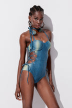 Yllka Lace Up Flower Halter Neck Denim Swimsuit