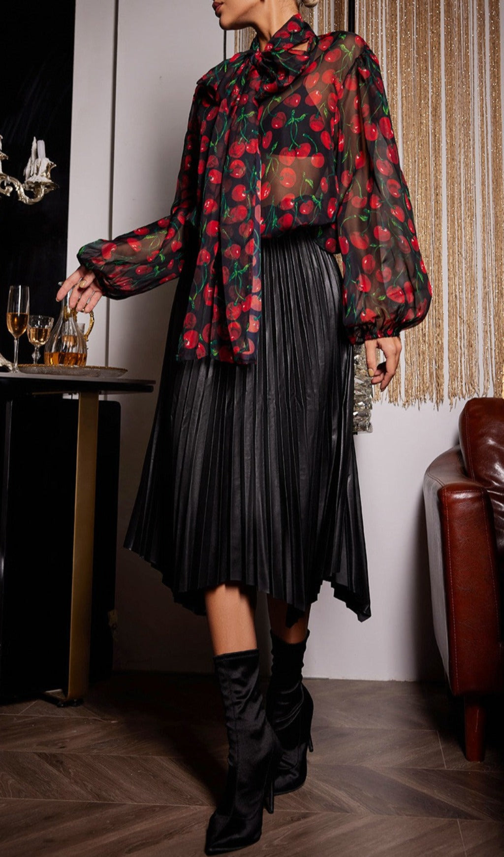 Flowering Girl Women Cherry Printed See Through Blouse