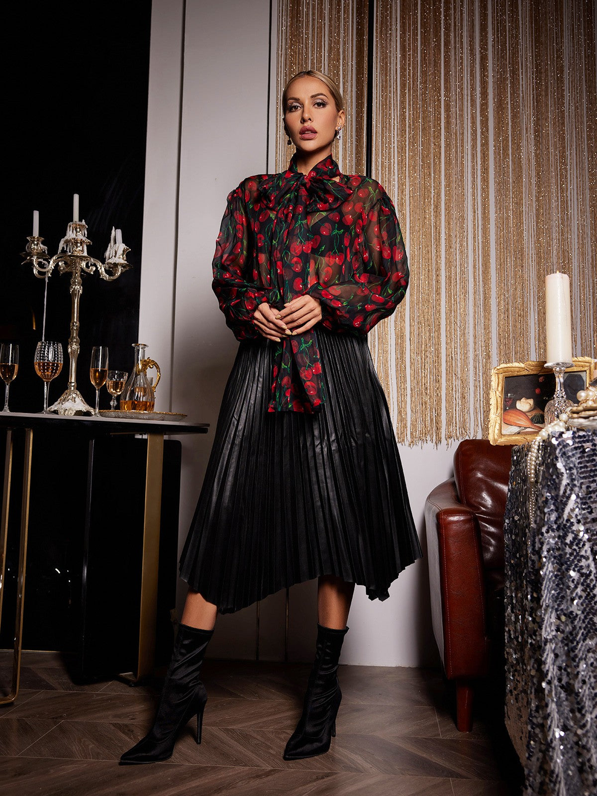 Flowering Girl Women Cherry Printed See Through Blouse