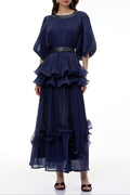 lorraine navy Blue Embellished Pleated Maxi Dress