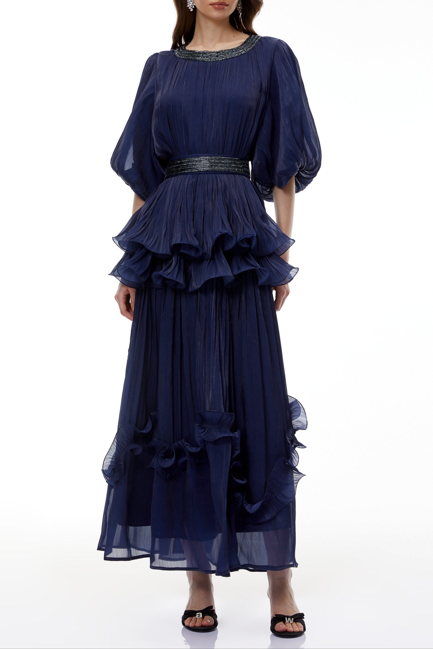 lorraine navy Blue Embellished Pleated Maxi Dress