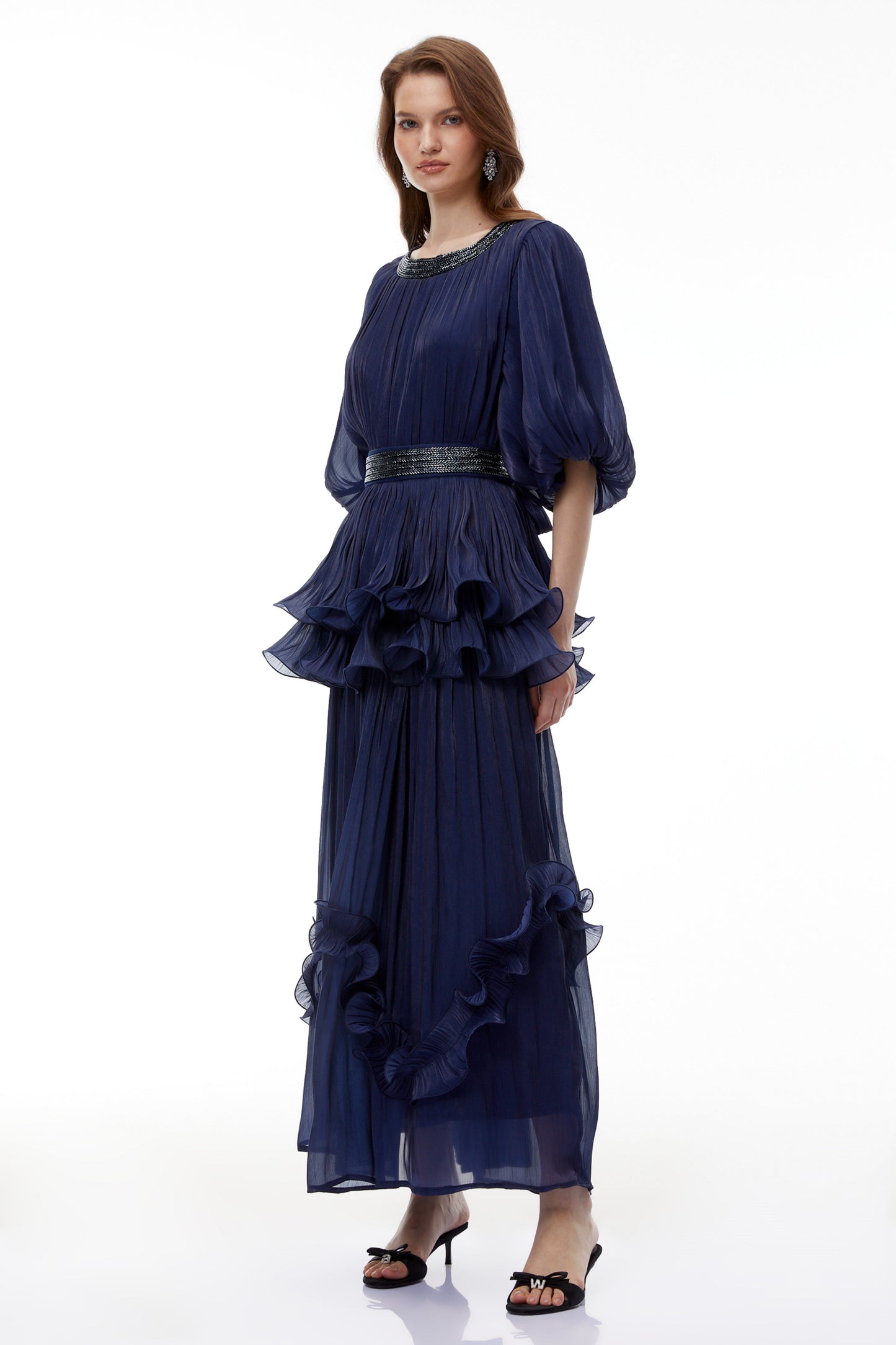 lorraine navy Blue Embellished Pleated Maxi Dress