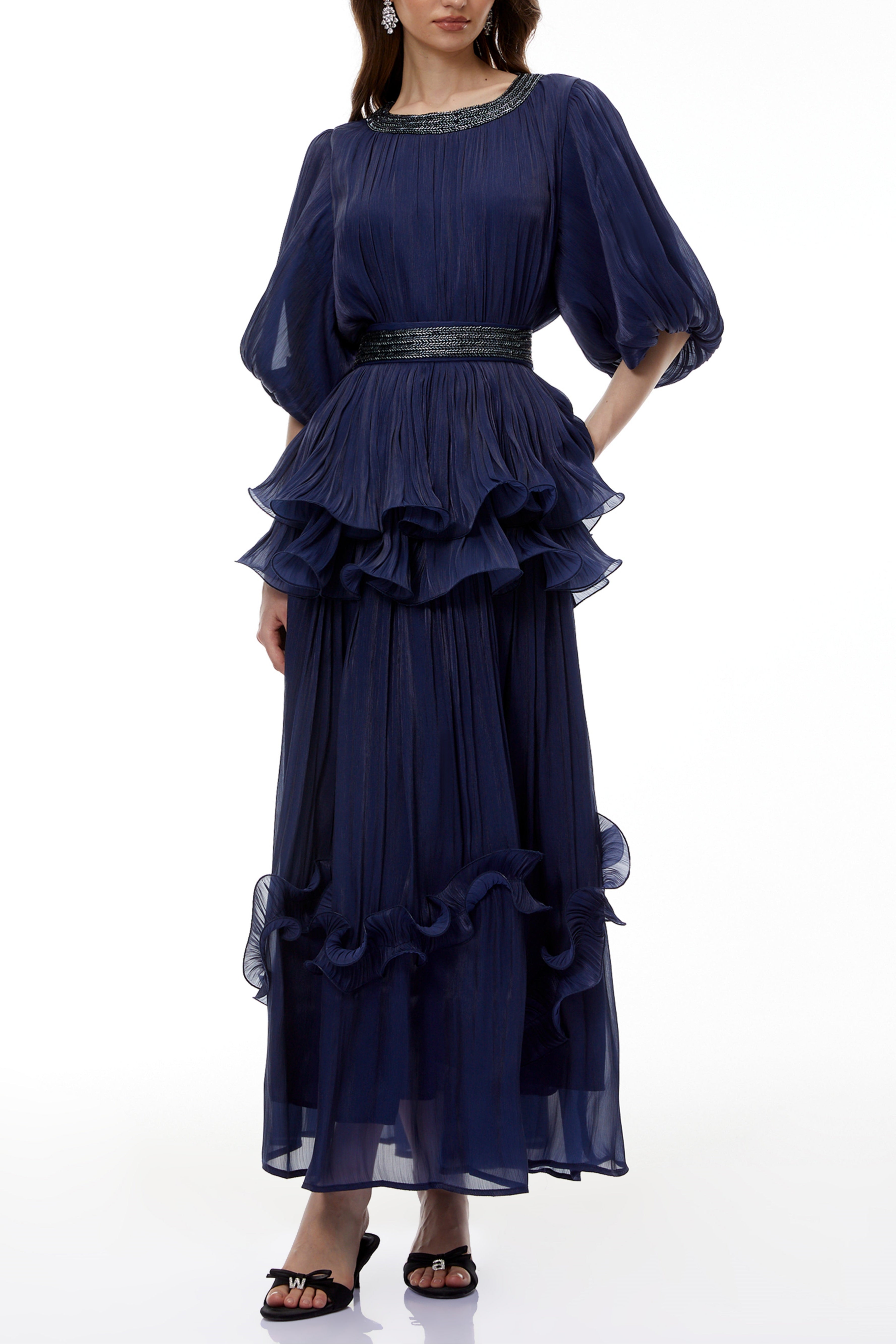 lorraine navy Blue Embellished Pleated Maxi Dress