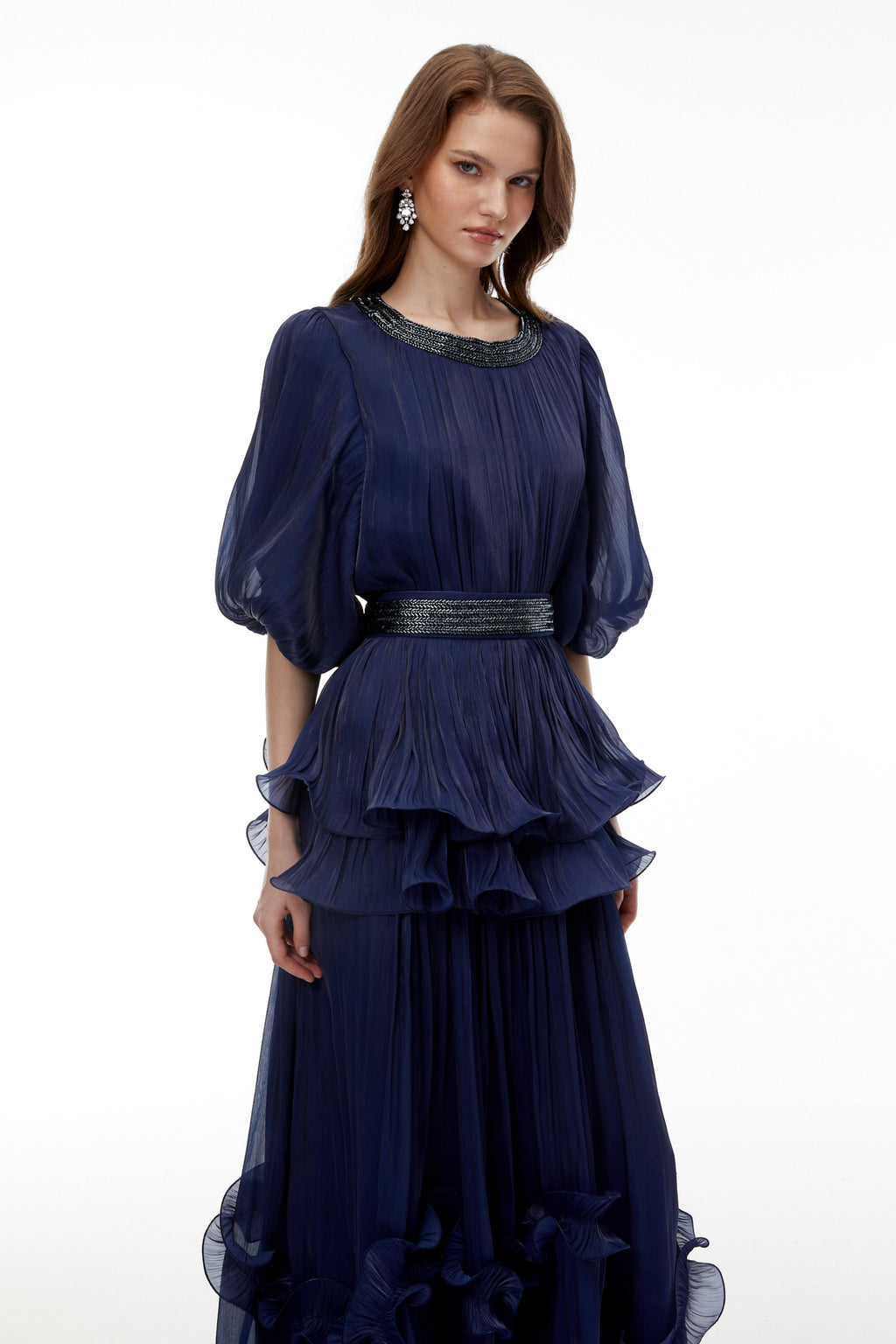 lorraine navy Blue Embellished Pleated Maxi Dress