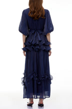 lorraine navy Blue Embellished Pleated Maxi Dress