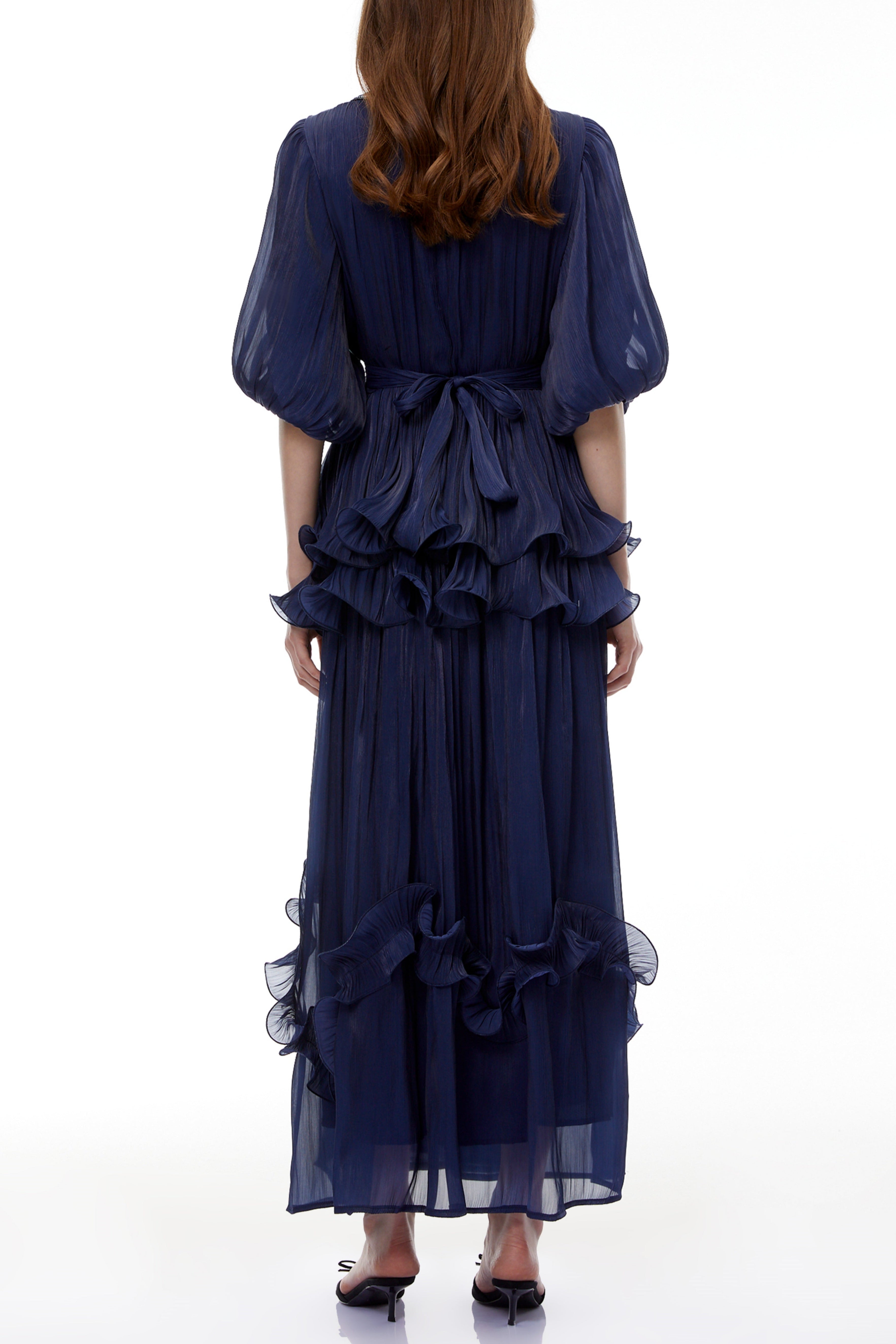 lorraine navy Blue Embellished Pleated Maxi Dress