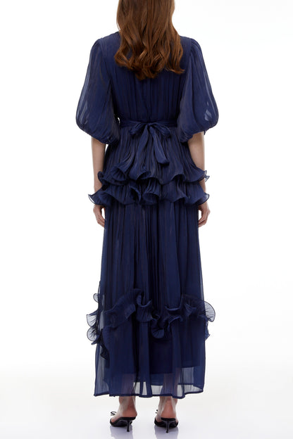 lorraine navy Blue Embellished Pleated Maxi Dress