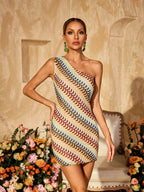 Flowering Girl Women One Shoulder Knitted Mini Dress