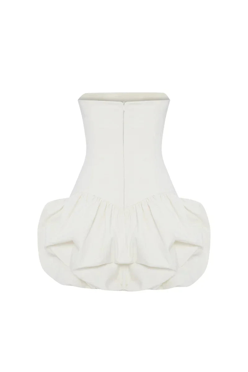regina strapless puffy mini dress in off-white
