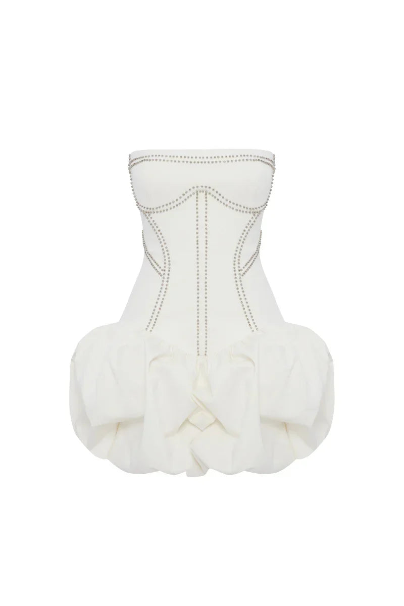 regina strapless puffy mini dress in off-white
