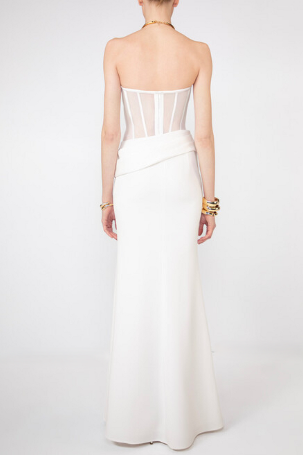 priscilla Strapless Veiled Corset Maxi Dress in white