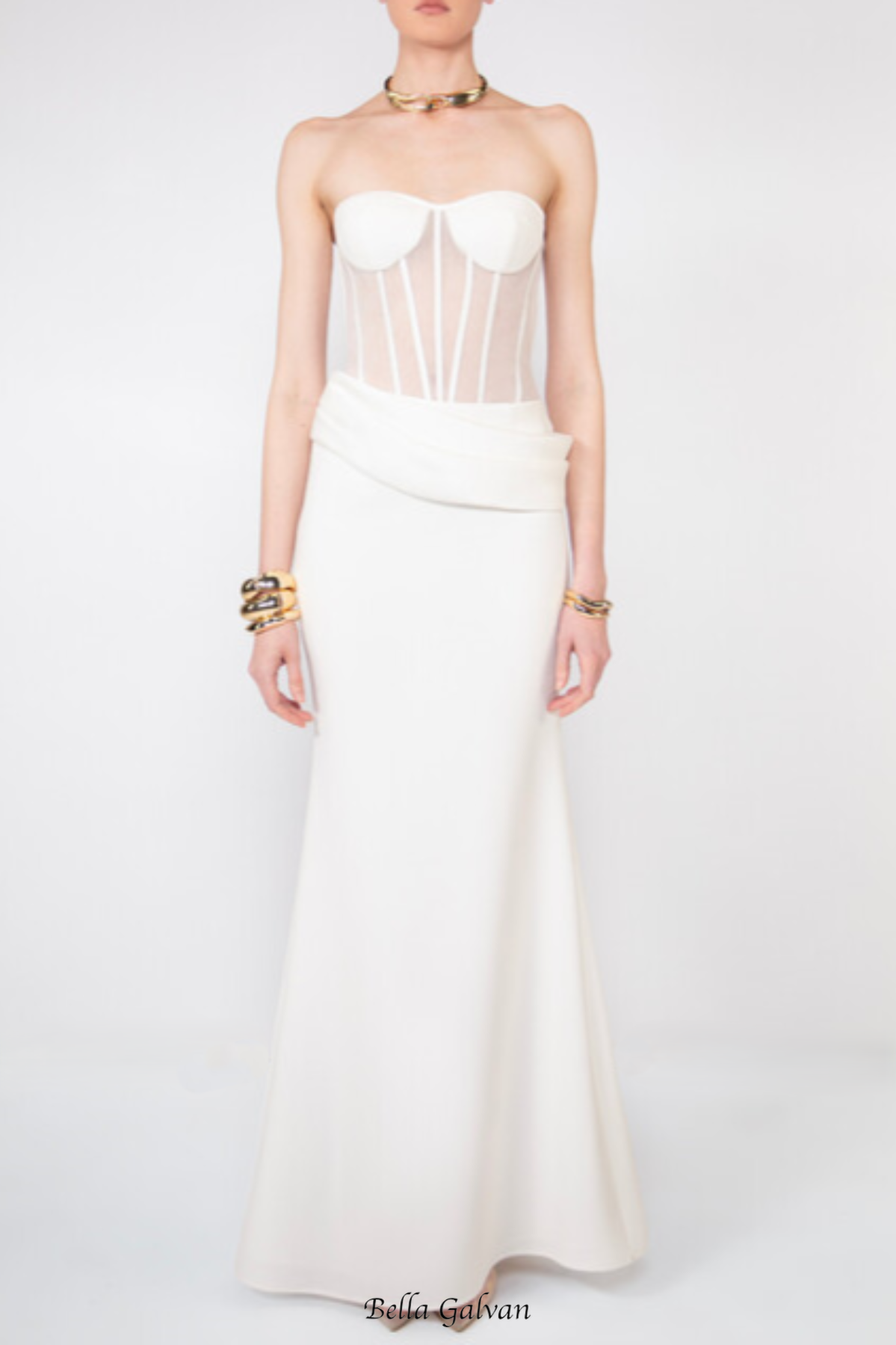 priscilla Strapless Veiled Corset Maxi Dress in white