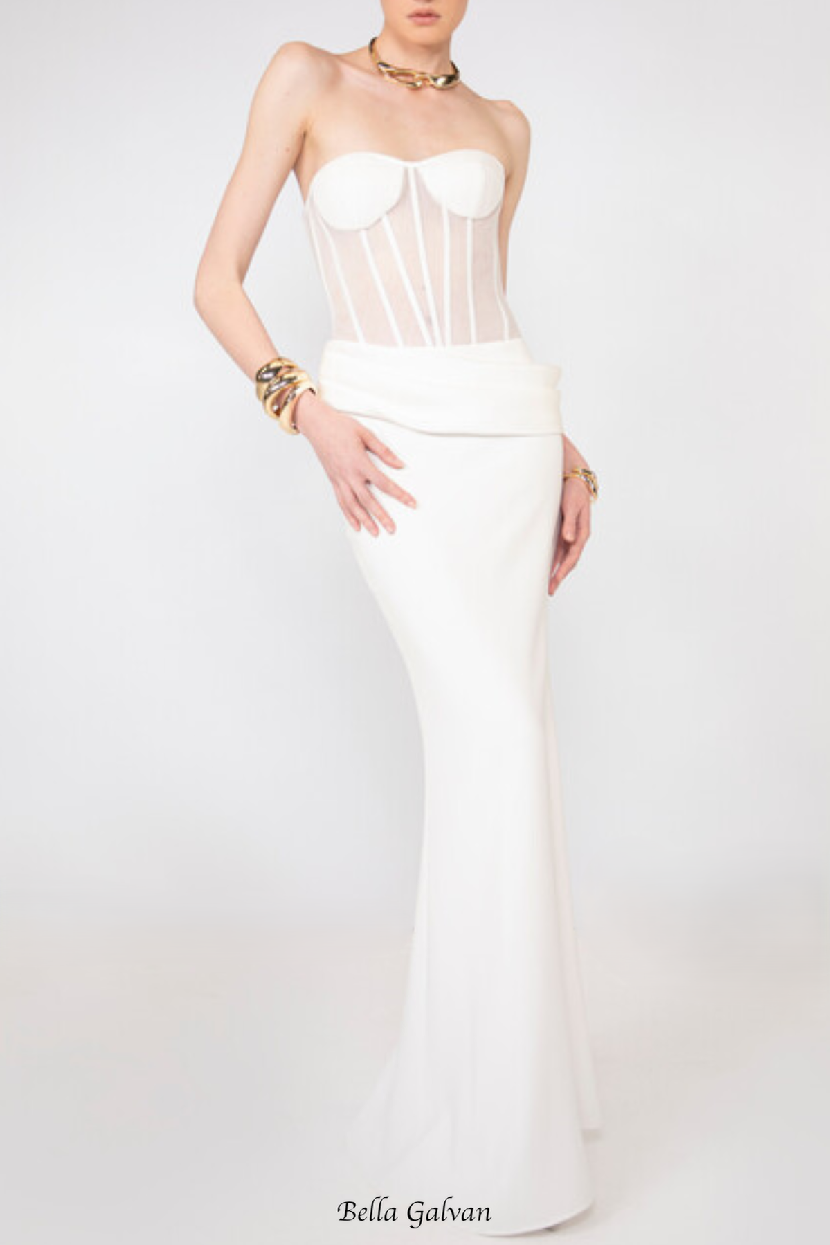 priscilla Strapless Veiled Corset Maxi Dress in white