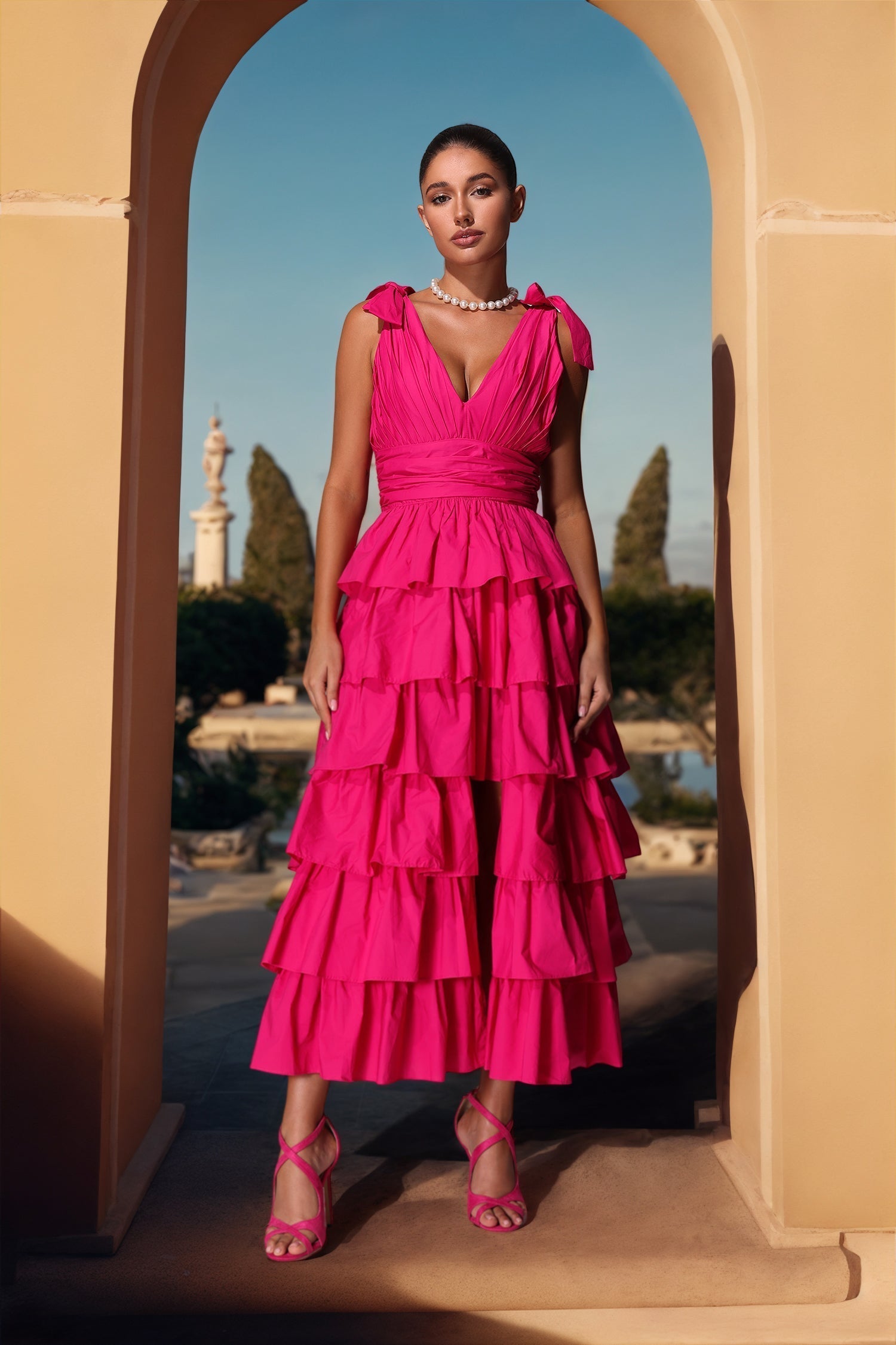 Flowering Girl Women Plunge V Ruffle Tiered Slit Gown In Pink