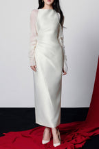 griselda Boat Neck Gathered Midi Dress in ivory