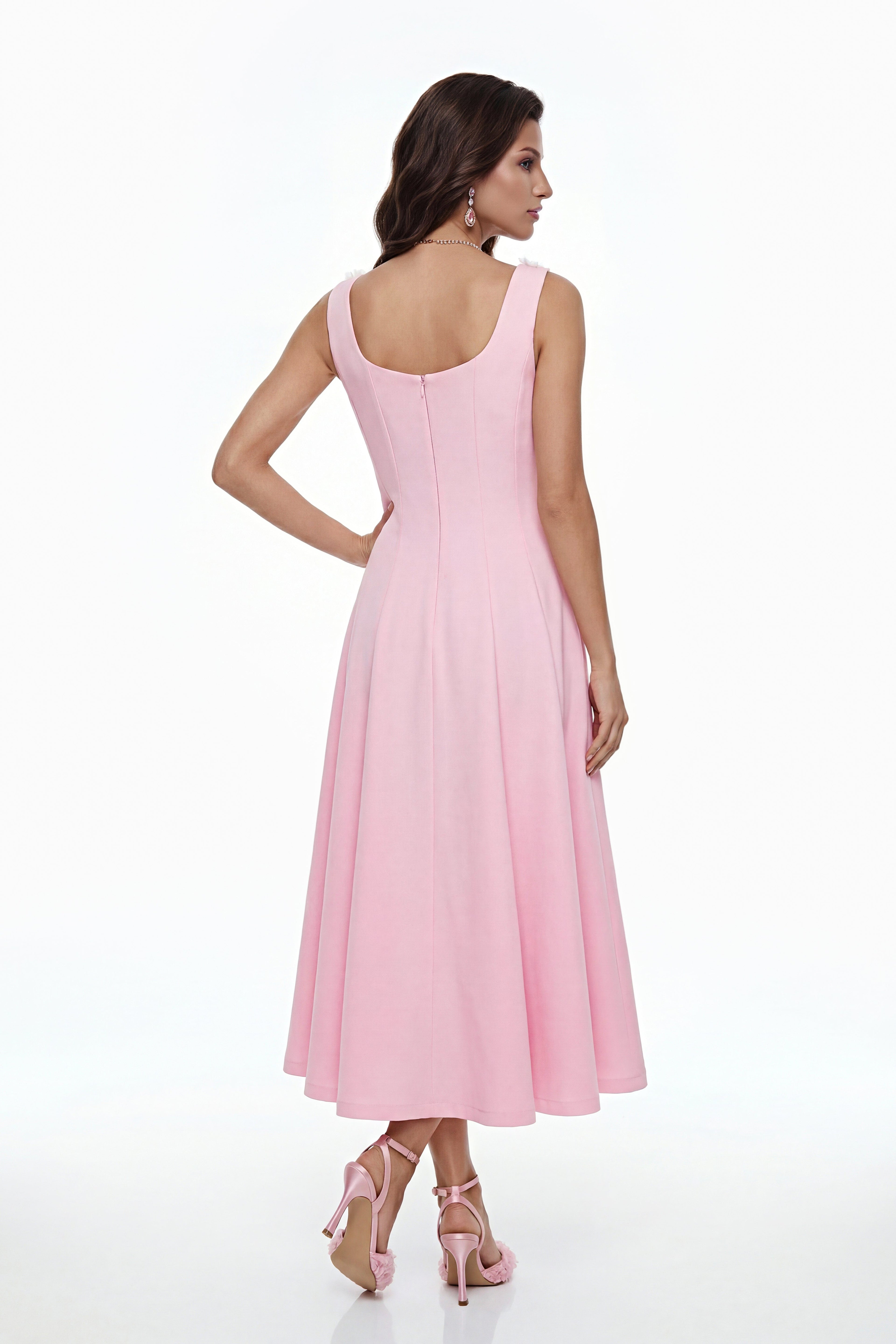 Adora 3D Petals Pleated Midi Dress In Pink