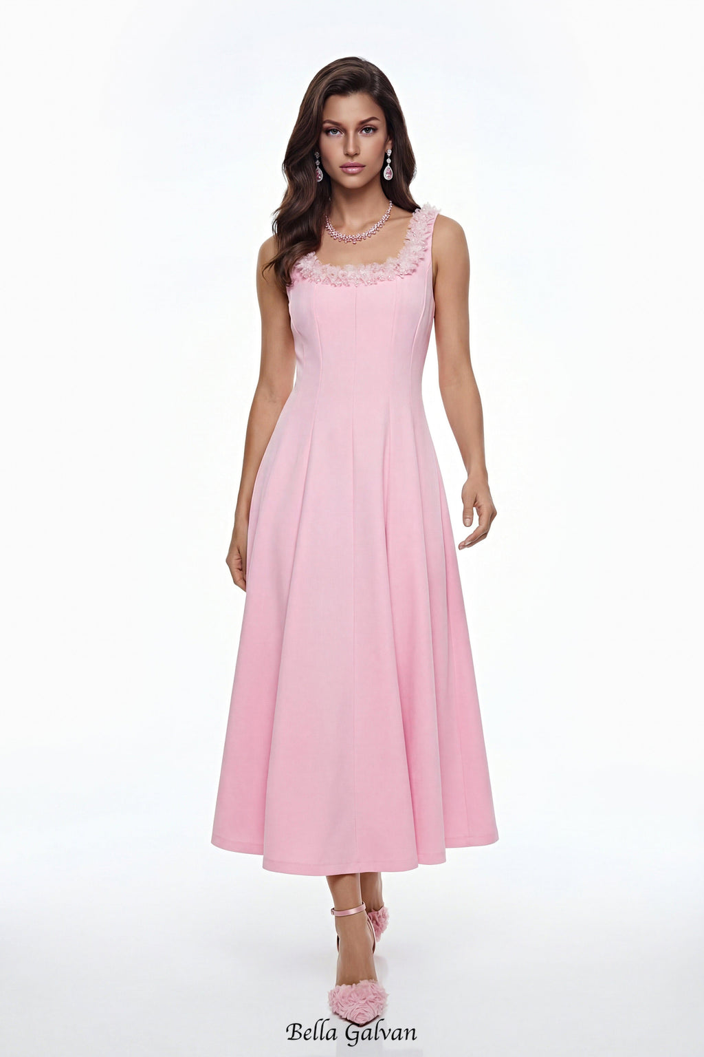 adora 3D Petals Pleated Midi Dress in pink