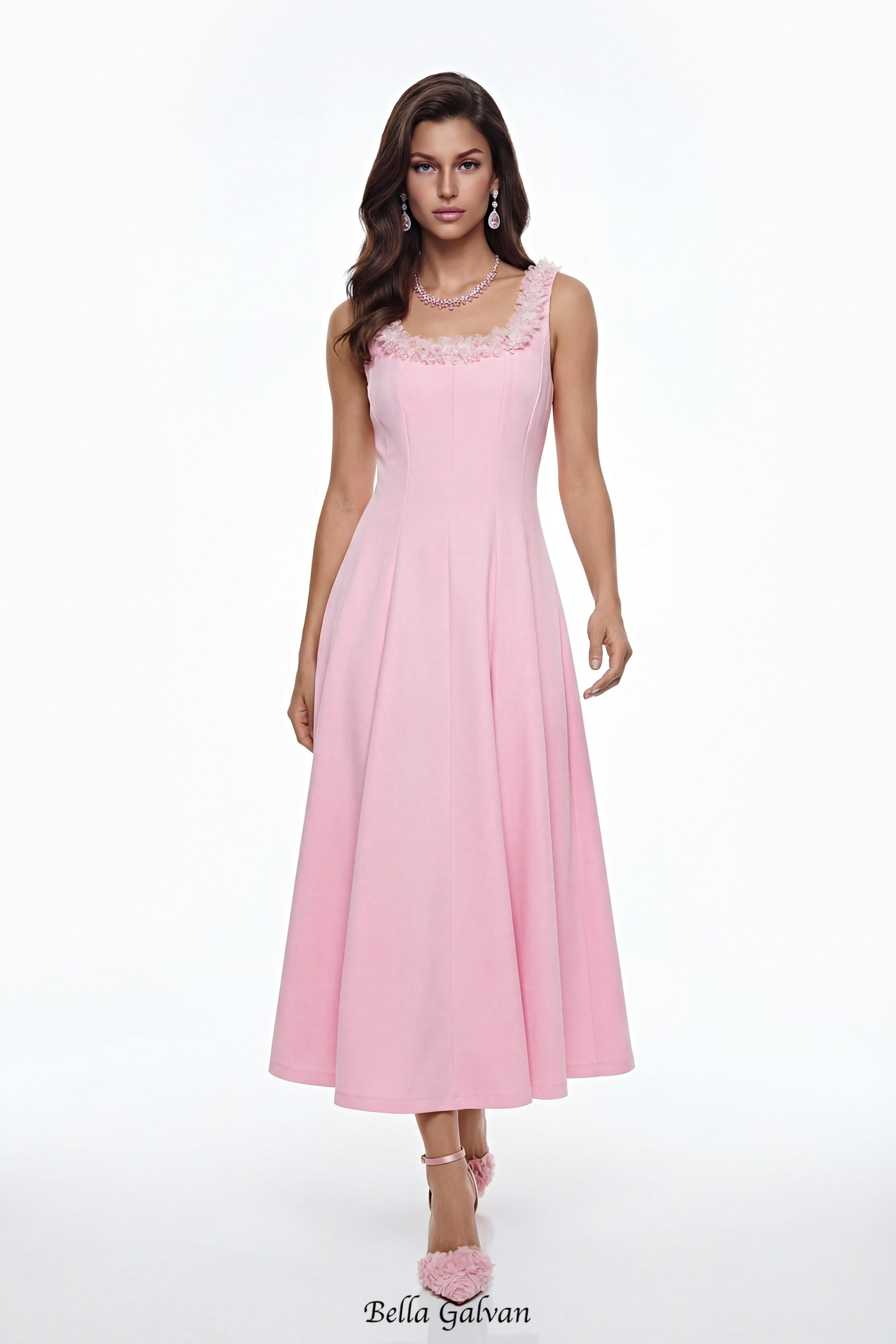 adora 3D Petals Pleated Midi Dress in pink
