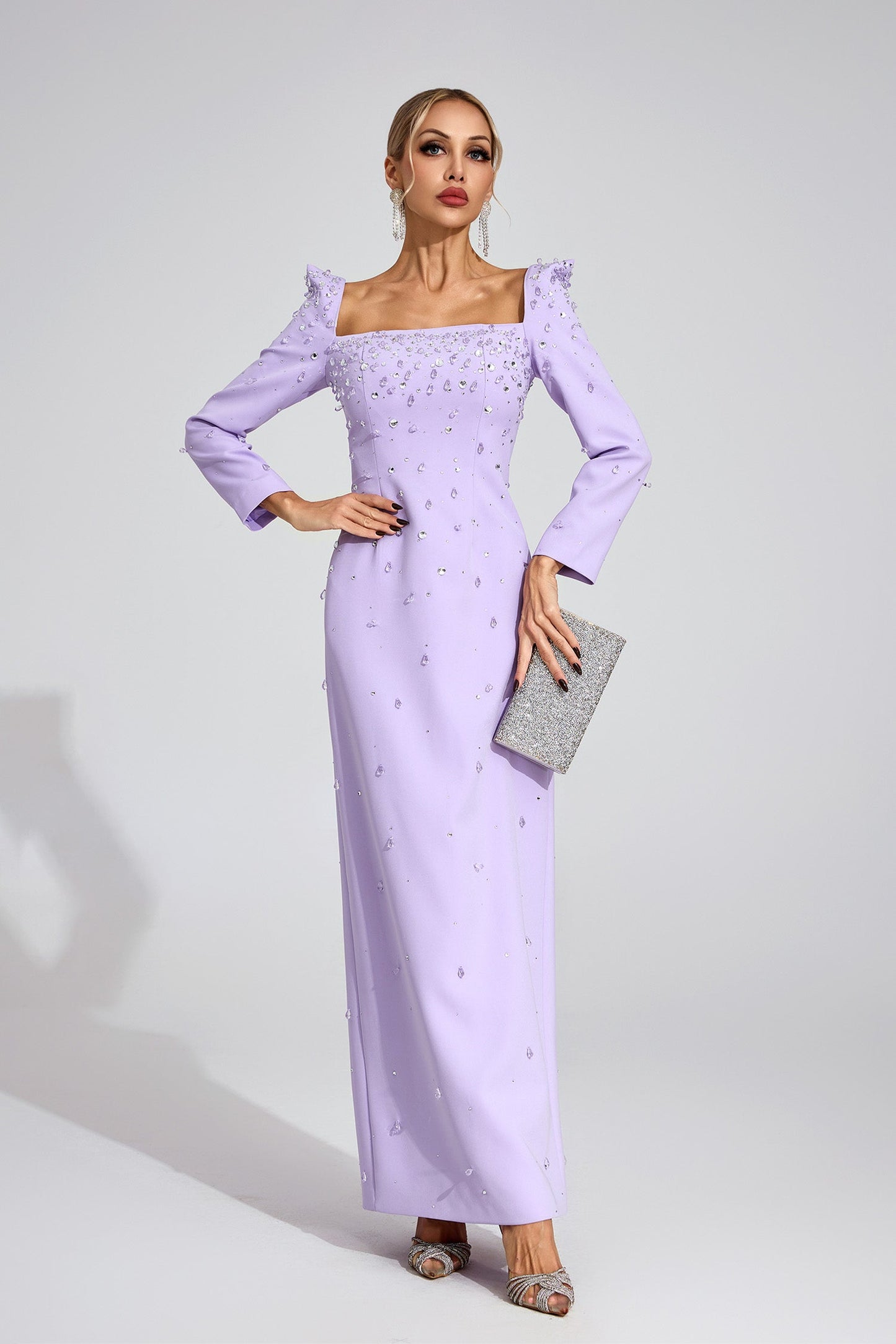 lynn Square neck beaded rhinestone maxi dress - purple