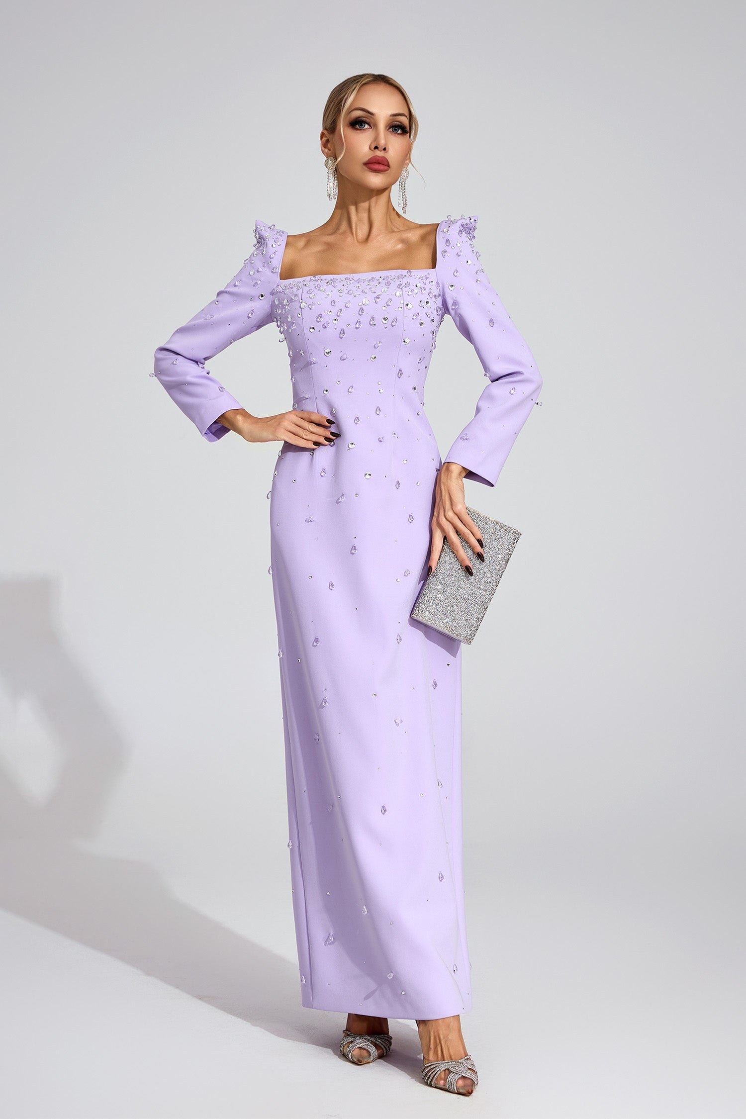 Flowering Girl Women lynn Square neck beaded rhinestone maxi dress - purple