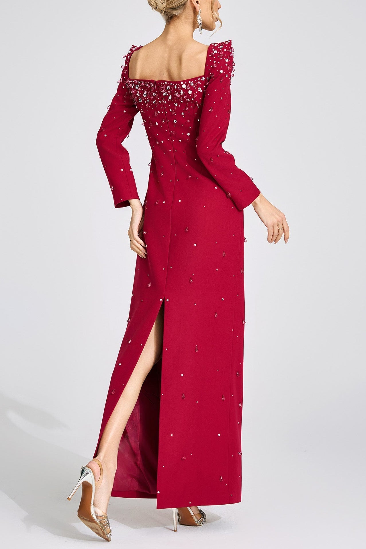 Flowering Girl Women lynn Square neck beaded rhinestone maxi dress - Burgundy