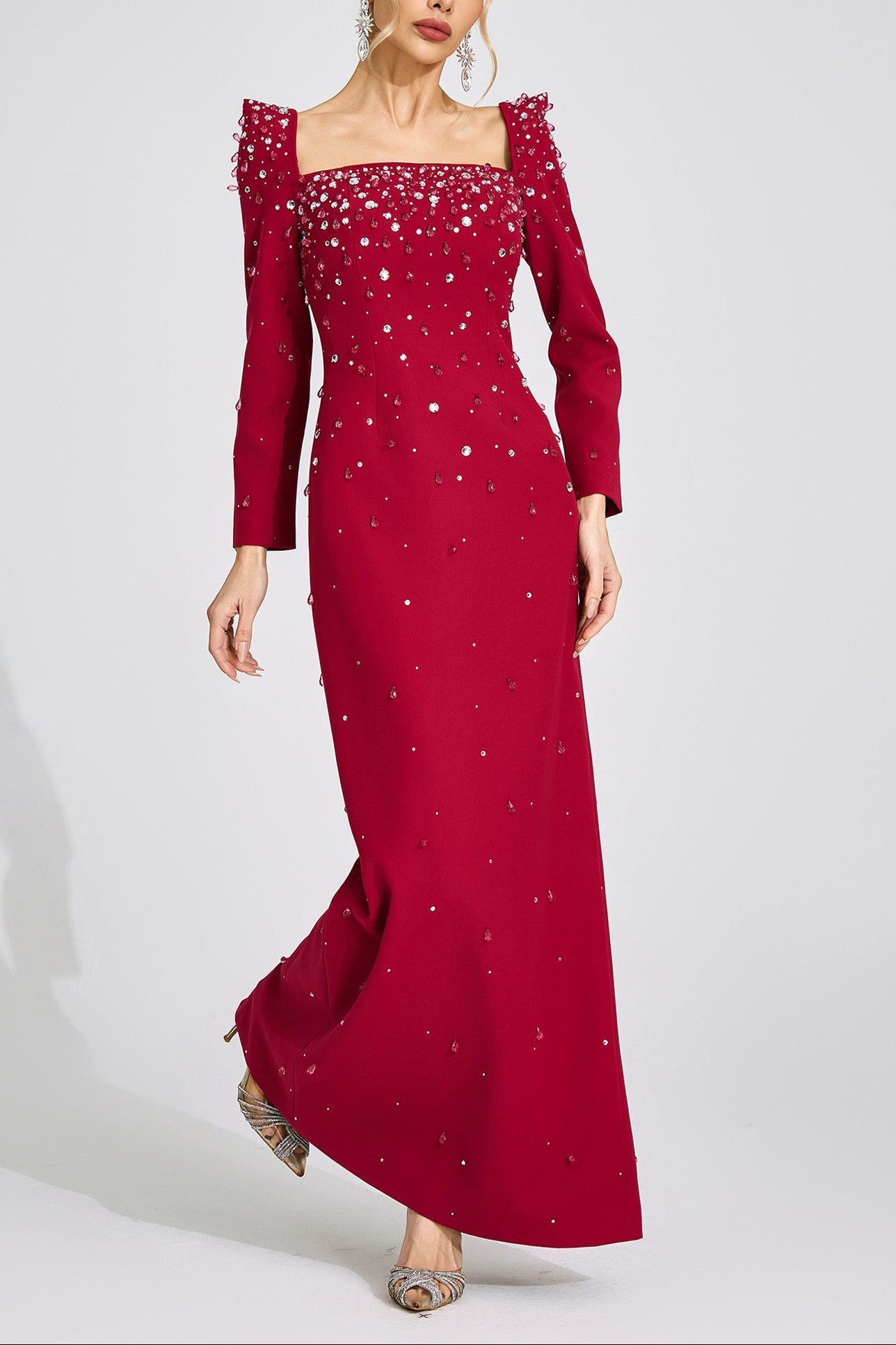 Flowering Girl Women lynn Square neck beaded rhinestone maxi dress - Burgundy