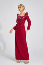 Flowering Girl Women lynn Square neck beaded rhinestone maxi dress - Burgundy
