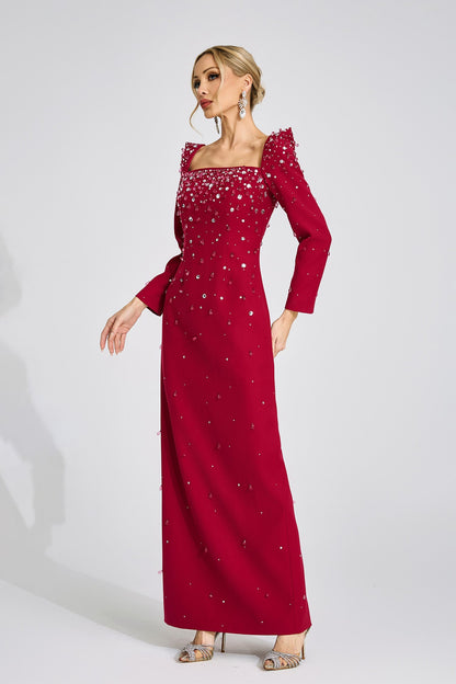 lynn Square neck beaded rhinestone maxi dress - Burgundy