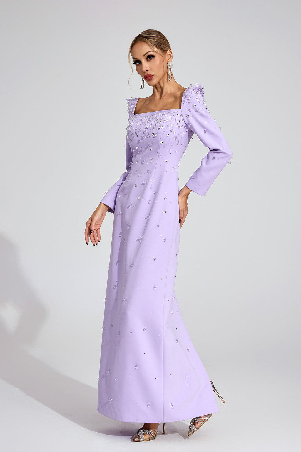Flowering Girl Women lynn Square neck beaded rhinestone maxi dress - purple