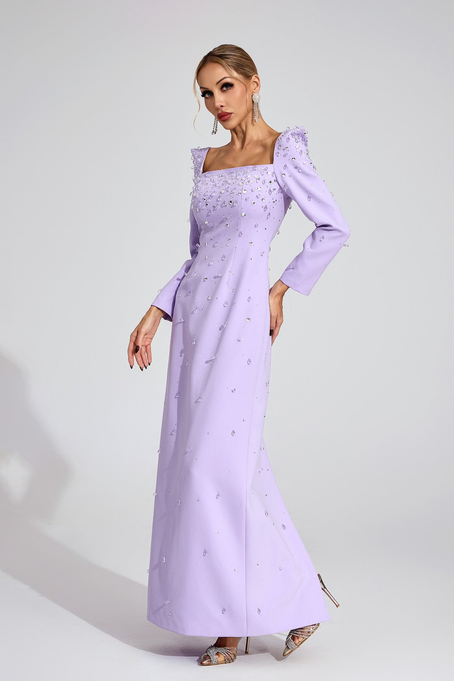 lynn Square neck beaded rhinestone maxi dress - purple