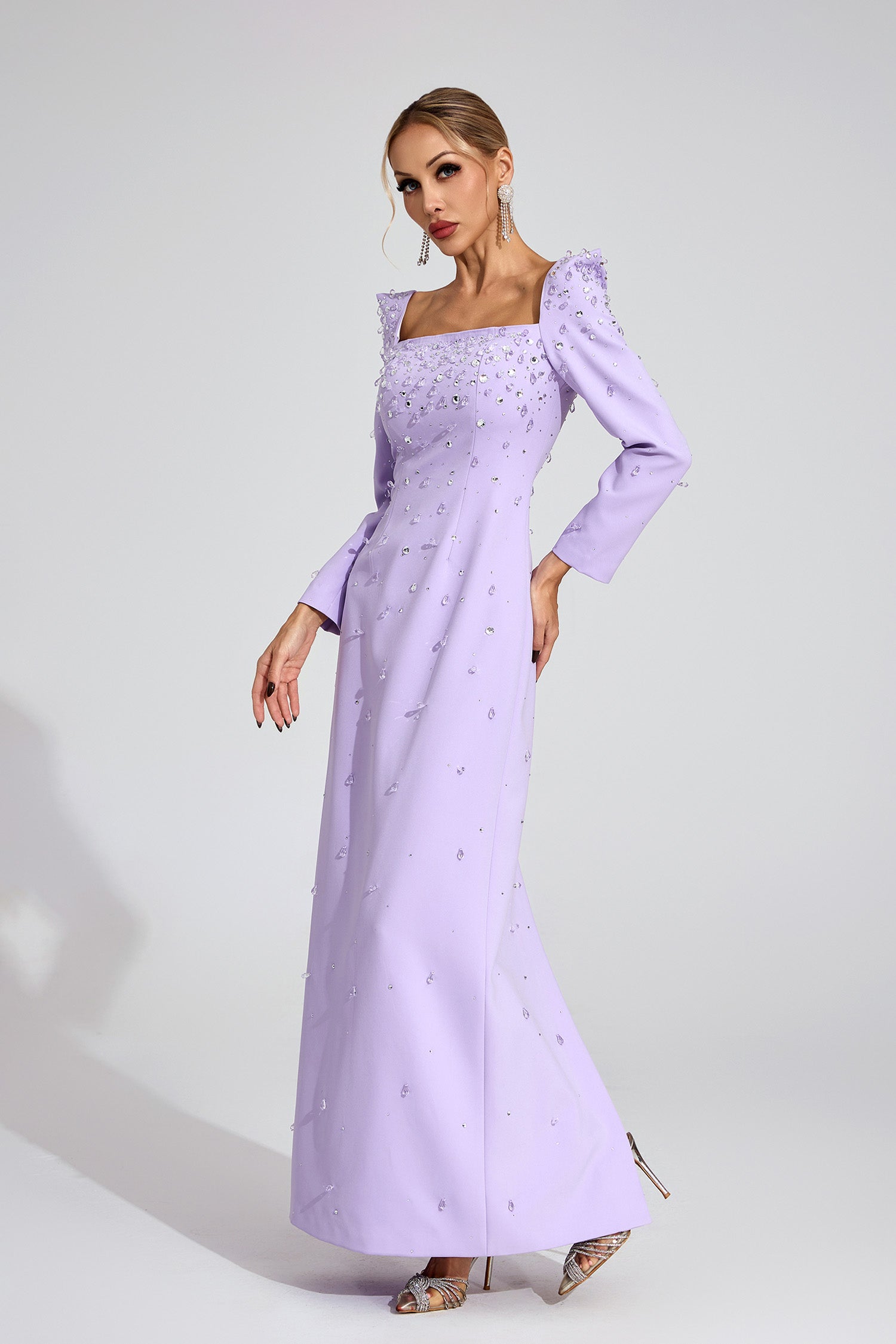 Flowering Girl Women lynn Square neck beaded rhinestone maxi dress - purple