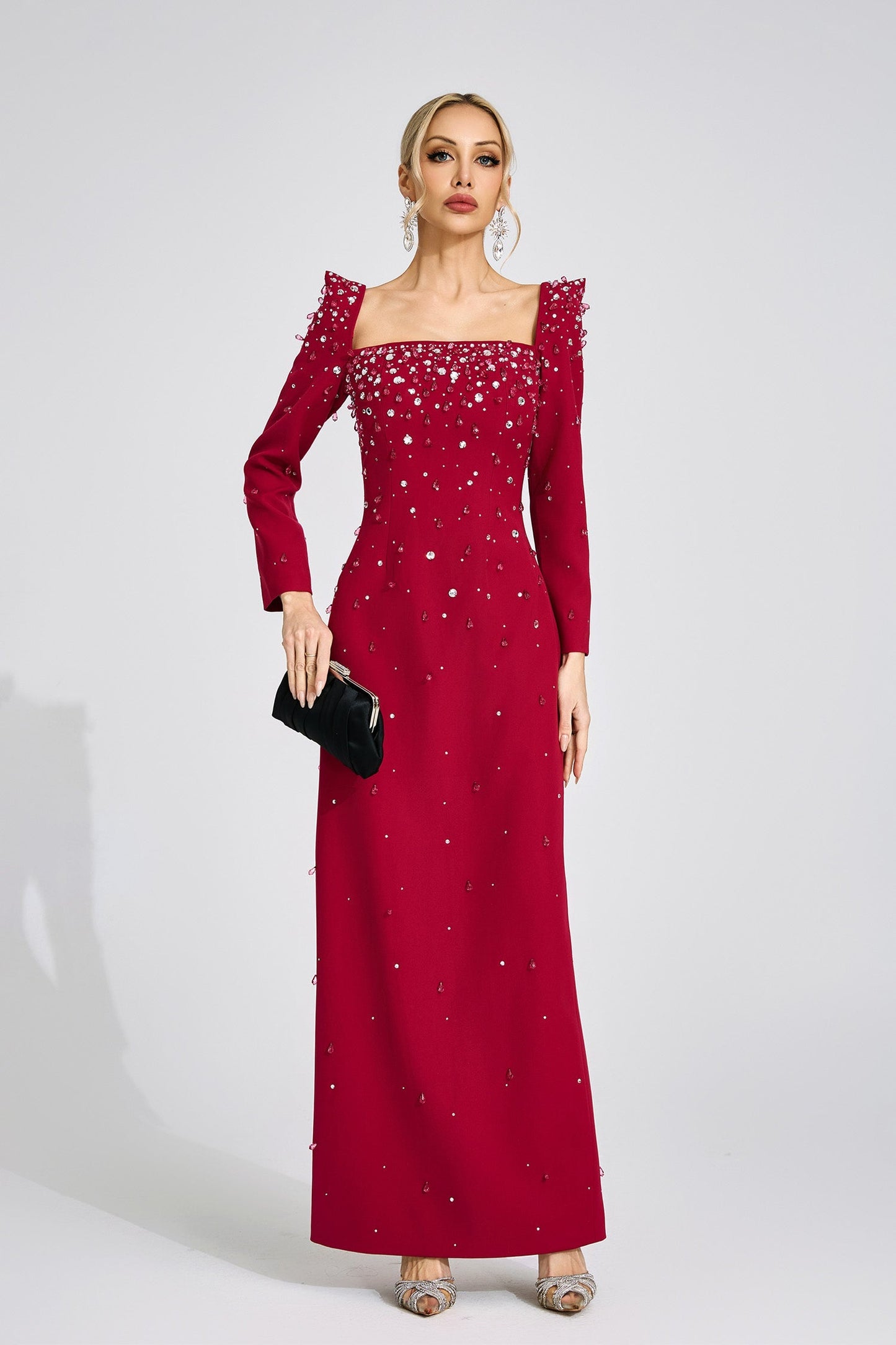 lynn Square neck beaded rhinestone maxi dress - Burgundy