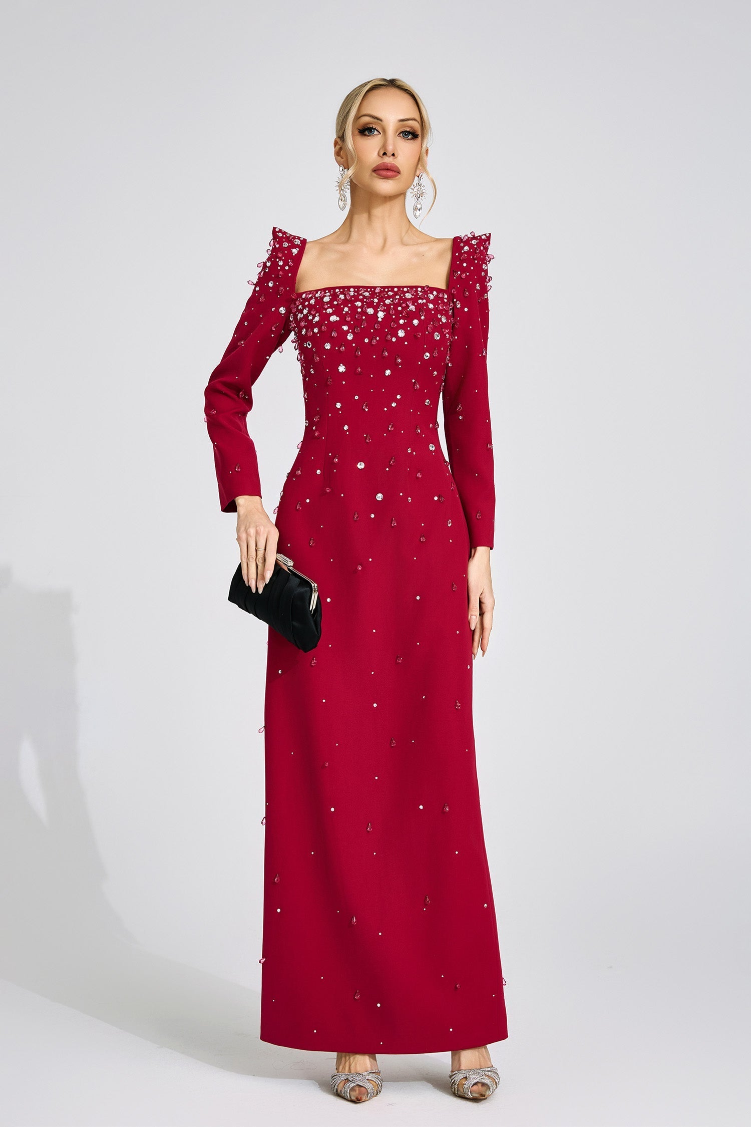Flowering Girl Women lynn Square neck beaded rhinestone maxi dress - Burgundy