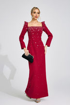 Flowering Girl Women lynn Square neck beaded rhinestone maxi dress - Burgundy