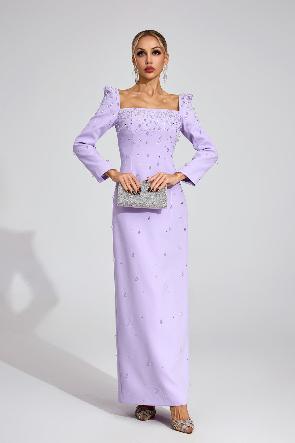 Flowering Girl Women lynn Square neck beaded rhinestone maxi dress - purple