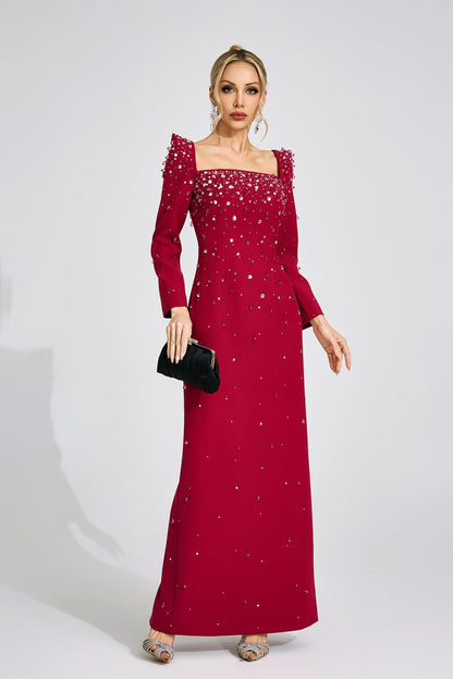 lynn Square neck beaded rhinestone maxi dress - Burgundy