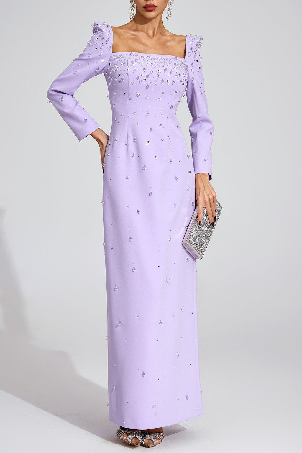 Flowering Girl Women lynn Square neck beaded rhinestone maxi dress - purple