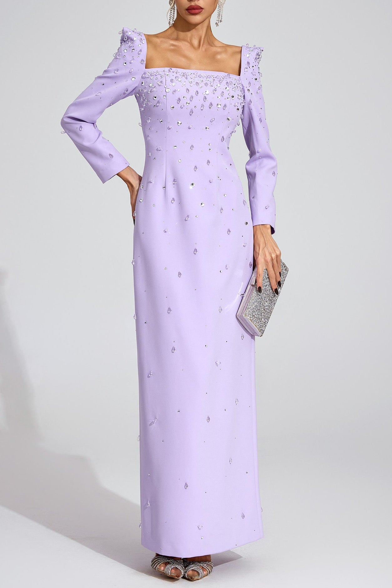Flowering Girl Women lynn Square neck beaded rhinestone maxi dress - purple