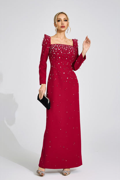 lynn Square neck beaded rhinestone maxi dress - Burgundy