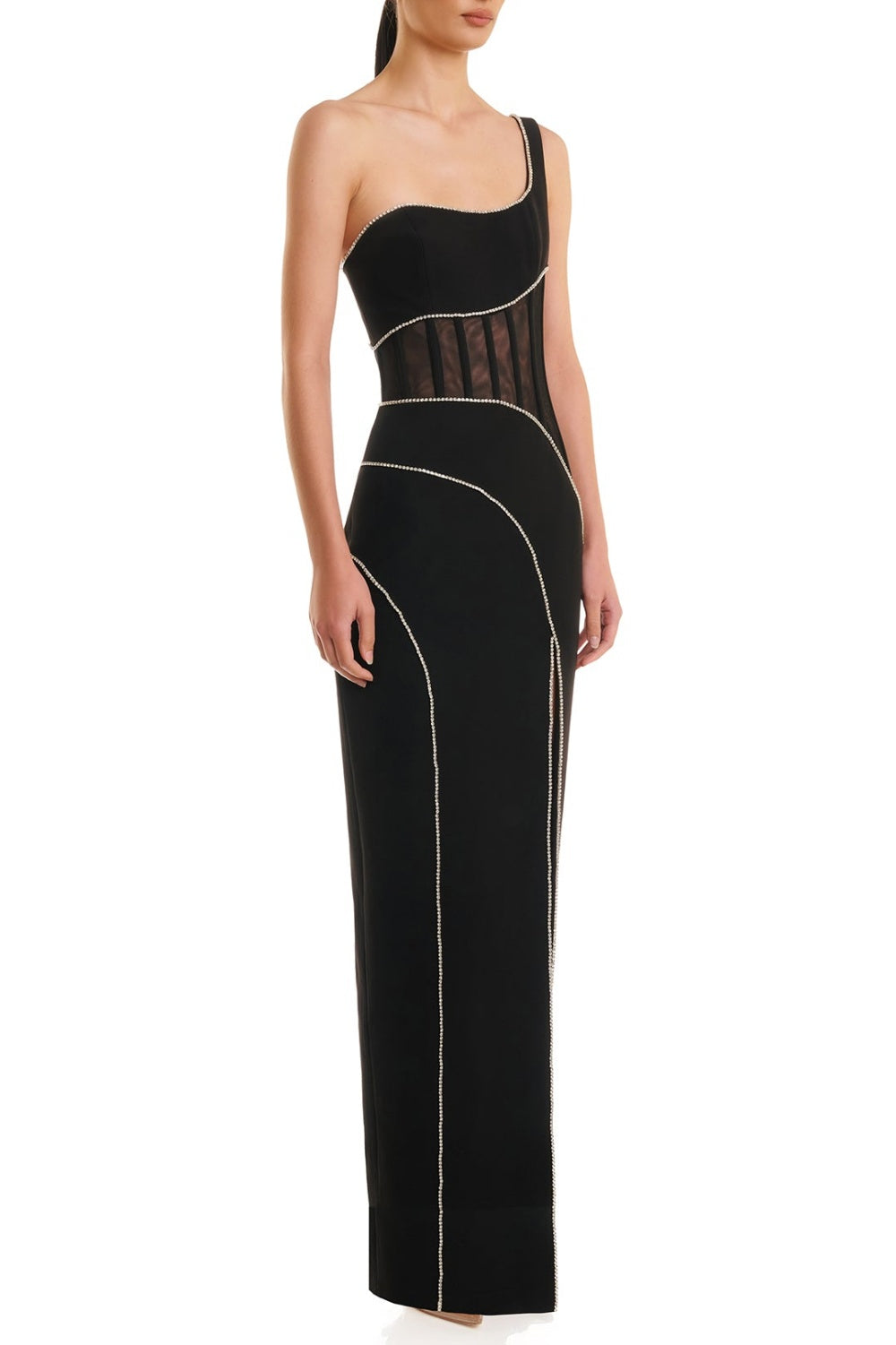 Flowering Girl Women Zoraida Diamante Mesh One Shoulder Split Maxi Bandage Dress