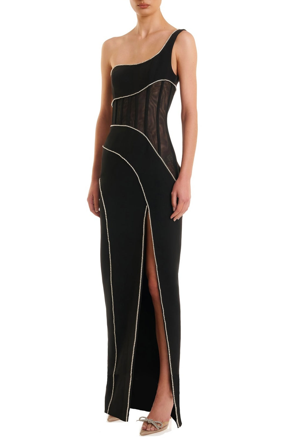 Flowering Girl Women Zoraida Diamante Mesh One Shoulder Split Maxi Bandage Dress
