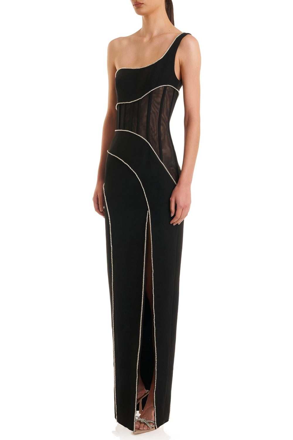 Flowering Girl Women Zoraida Diamante Mesh One Shoulder Split Maxi Bandage Dress