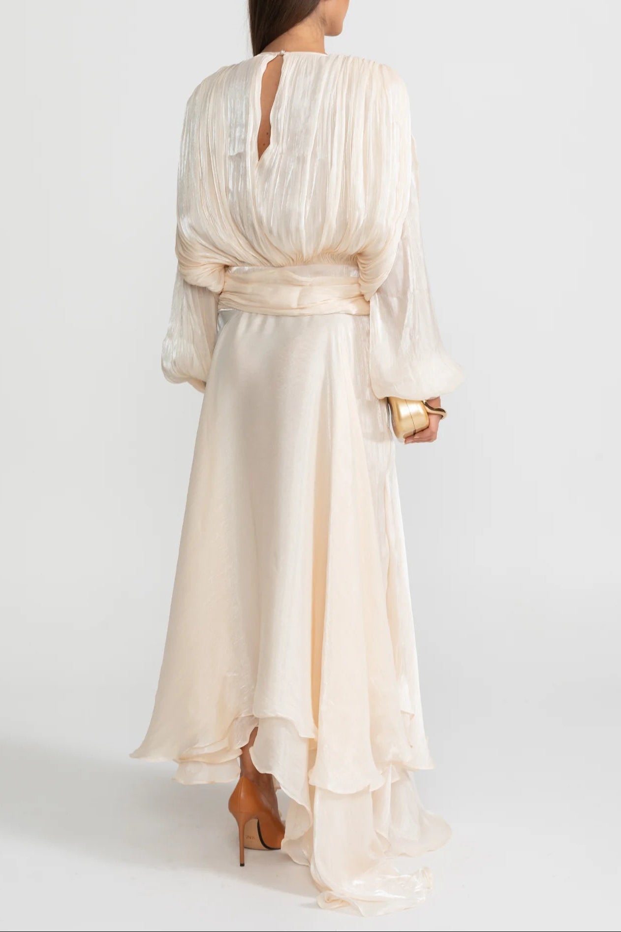 Ivory Pleated Bodice Draped Puff Sleeve Maxi Dress