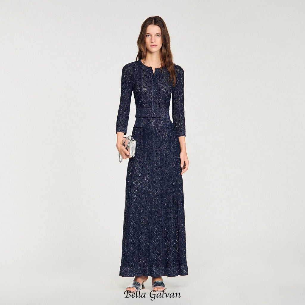 alexandra Rhinestone knit maxi skirt in navy blue