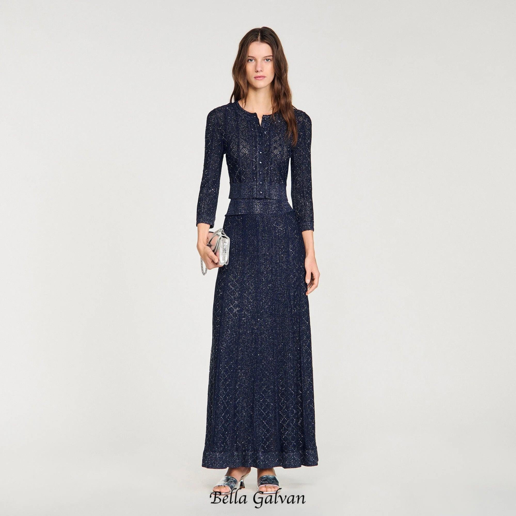 alexandra Rhinestone knit maxi skirt in navy blue