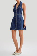 Flowering Girl Women Eartha Collared Denim Mini Dress - Dark Blue