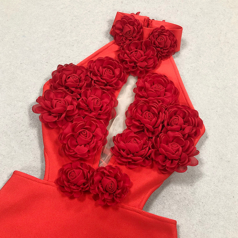 Flowering Girl Women halter 3d flower hollow out backless maxi dress in red