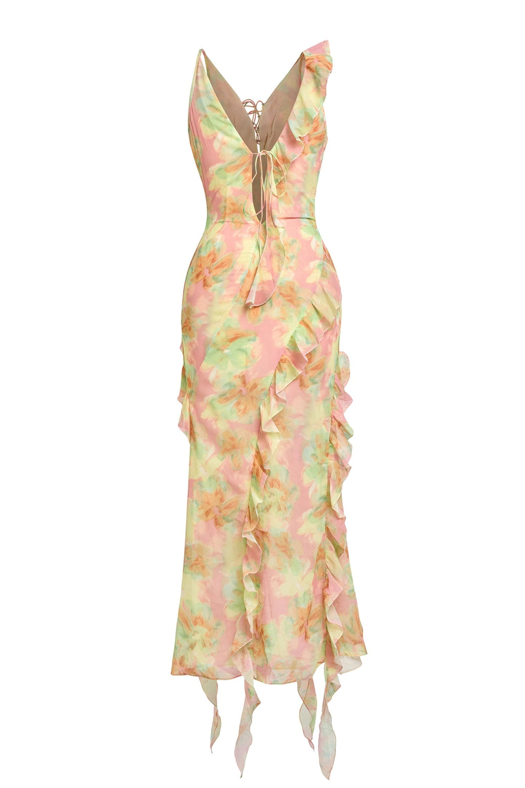 jessie Tie Dye v-neck Ruffle Tie-Up Midi Dress - green