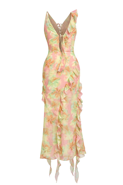 jessie Tie Dye v-neck Ruffle Tie-Up Midi Dress - green